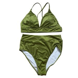 Cupshe Bikini Women’s Large Green Two Piece Swimsuit Padded High Waist Shiny NEW